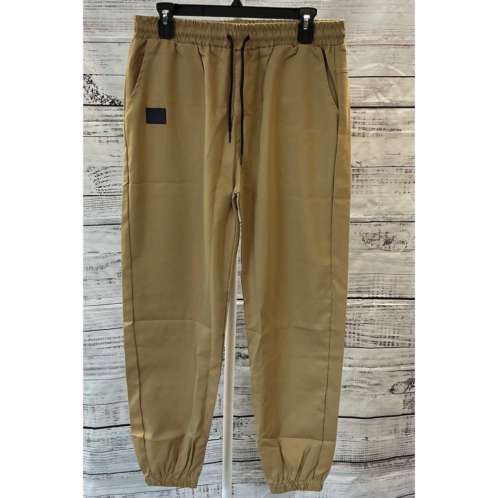 Tan Jogger Pants Elastic Waist Drawstring Casual Comfort Size L Polyester